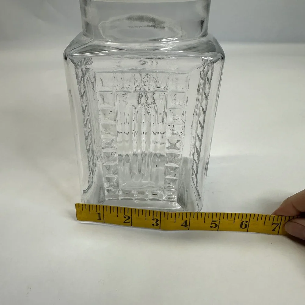 Vintage Clear Glass Square Apothecary Jar with Hexagonal Lid Embossed Detail